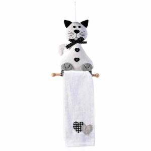 Set suport si prosop din textil alb negru model Pisica