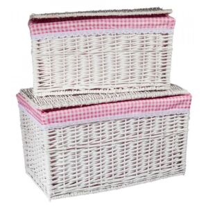 Set 2 cutii cu capac albe/roz din rachita si poliester Tinna Moedeko