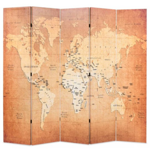 Paravan de cameră pliabil, 200 x 180 cm, harta lumii, galben