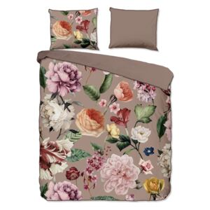 Lenjerie de pat din bumbac organic pentru pat dublu Descanso Flowery, 200 x 220 cm, gri - maro