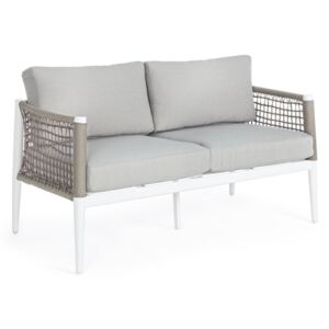 Canapea 2 locuri cu cadru din fier alb si perne textil gri Calypso