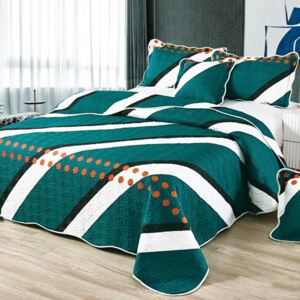 Set cuvertura de pat matlasata + 4 Fete de perna, 100% Bumbac, 5 Piese, Imprimeu cu Linii, Verde/Alb, CA5P7027