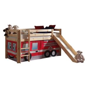 Pat etajat din lemn de pin, cu topogan pentru copii Pino Fire Rescue Natural, 200 x 90 cm