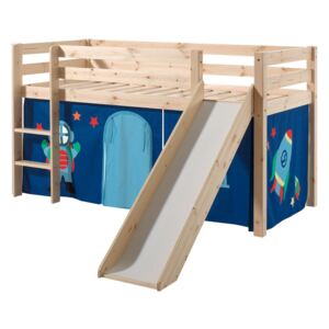 Pat etajat din lemn de pin, cu topogan pentru copii Pino Astro Natural, 200 x 90 cm