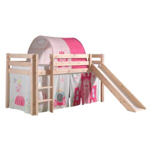 Pat etajat din lemn de pin, cu tunel si topogan pentru copii Pino Princess Natural, 200 x 90 cm