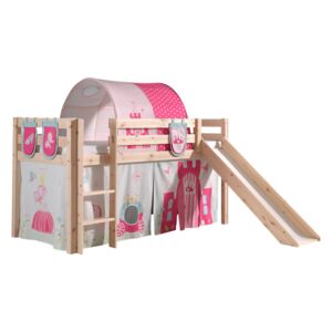 Pat etajat din lemn de pin, cu tunel si topogan pentru copii Pino Plus Princess Natural, 200 x 90 cm