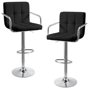 2 x scaune bar design capitonate - cu cotiere, rotative, inaltime reglabila, imitatie piele - negru