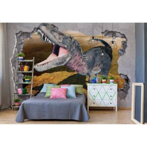 GLIX Fototapet - Dinosaur 3D Jumping Out Of Hole In Wall Papírová tapeta - 368x280 cm