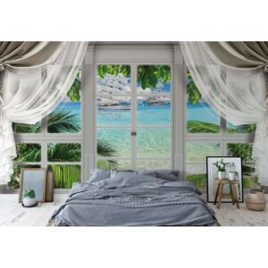 GLIX Fototapet - 3D Door View Tropical Island Beach Papírová tapeta - 368x280 cm