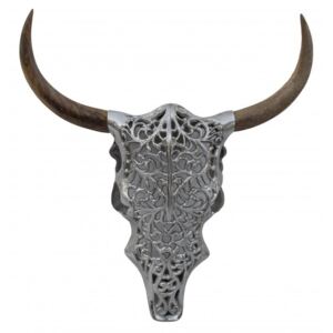 Decoratiune argintie/maro pentru perete din metal si lemn 51x57 cm Skull Exotic Bull Invicta Interior