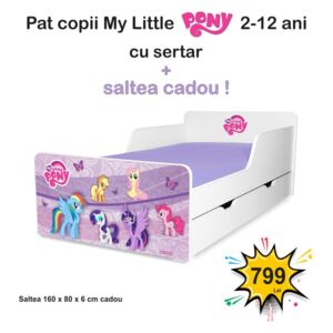 Pat copii Pony 2-12 ani cu sertar si saltea cadou