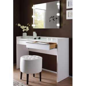 SEA227 - Set Masa alba toaleta moderna cosmetica machiaj oglinda cu lumini masuta vanity scaun taburet tapitat