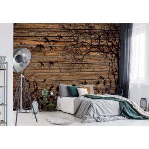 Fototapet GLIX - Rustic Birds And Tree Silhouette Wood Plank + adeziv GRATUIT Tapet nețesute - 312x219 cm