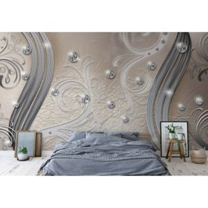 Fototapet - Ornamental Silver And Beige Swirl Design Vliesová tapeta - 416x254 cm