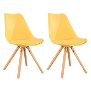 Set 2 scaune din plastic cu picioare din lemn si sezut tapitat cu piele ecologica Ice Yellow, l46xA43xH81,5 cm