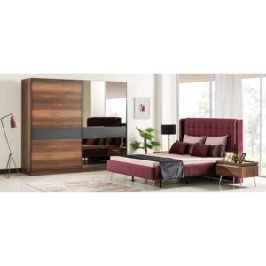 Set mobila dormitor din pal si metal, cu pat 200 x 160 cm, 6 piese Pietro Nuc / Auriu