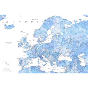 Harta Detailed map of Europe in shades of blue watercolor, Blursbyai