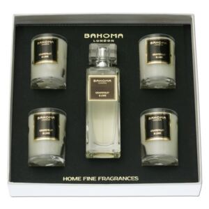 Set 4 lumânări parfumate și spray de interior Bahoma London, aromă de crin și rubarbă