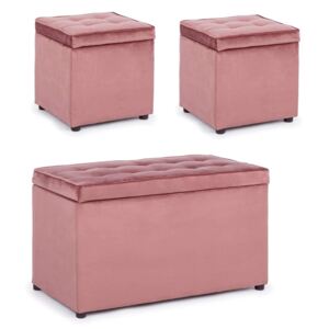 Set bancheta si 2 pufi catifea roz cu capac Bellville Blush Velvet Bench/2Pouf | PRIMERA COLLECTION