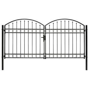 Poartă de gard dublă cu vârf în arcadă, negru, 300x125 cm, oțel