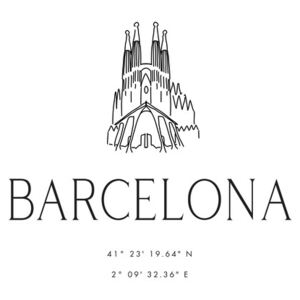 Ilustrare Barcelona coordinates with Sagrada Familia temple, Blursbyai, (26.7 x 40 cm)