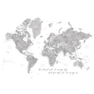 Ilustrare We travel not to escape life, gray world map with cities, Blursbyai