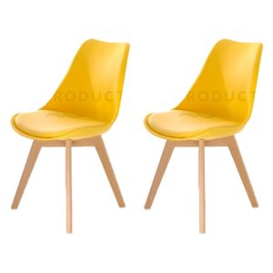 Set 2 scaune din plastic cu picioare din lemn si sezut tapitat cu piele ecologica Sven Yellow, l46xA43xH80 cm