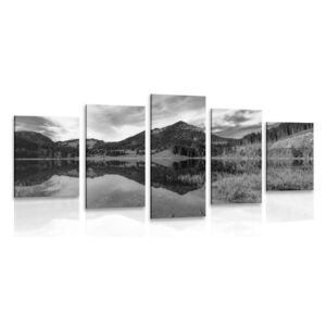 Tablou 5-piese lacul sub dealuri în design alb-negru