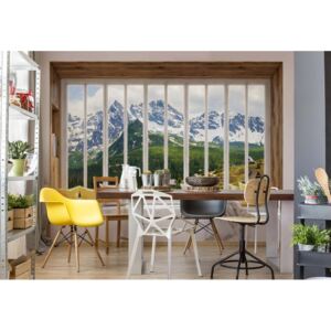 Fototapet - 3D Window View Mountains Alps Vliesová tapeta - 368x254 cm