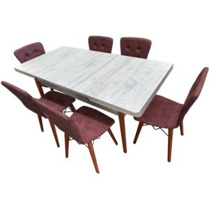Set masa extensibila cu 6 scaune tapitate Homs cristal alb-roz 170 x 80 cm