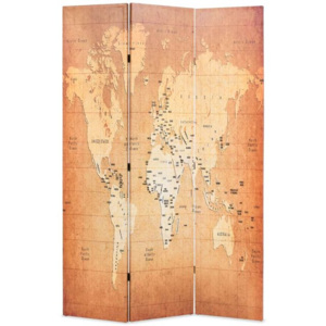 Paravan de cameră pliabil, 120 x 180 cm, harta lumii, galben