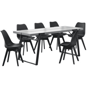 [en.casa] Set masa bucatarie/salon cu 6 scaune Ivona, masa: 180 x 80 x 77 cm, scaun: 83 x 48 x 54 cm, otel/MDF/plastic, efect beton/negru