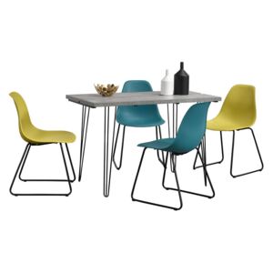 Set Porto masa design bucatarie cu 4 scaune design, Model 3, MDF/otel/plastic, 83 x 46 x 52 cm, efect beton/turcoaz/mustar