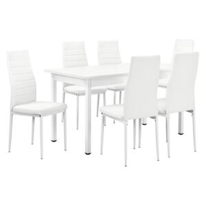 Masa de bucatarie/salon design modern - masa cu 6 scaune imitatie de piele (alba)