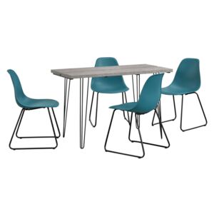 Set Porto masa design bucatarie cu 4 scaune design, Model 2, MDF/otel/plastic, 83 x 46 x 52 cm, efect beton/turcoaz