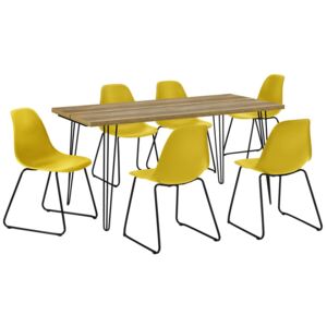 Set design masa bucatarie cu 6 scaune, 160 x 75 x 77cm, efect lemn/galben-mustar