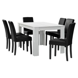 Masa eleganta Cleo - MDF furniruit, alb, 140 x 90 cm - cu 6 scaune imitataie de piele, negru