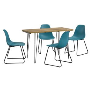 Set Porto masa design bucatarie cu 4 scaune design, Model 1, MDF/otel/plastic, 83 x 46 x 52 cm, efect lemn/turcoaz