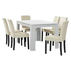 Masa eleganta Cleo 2 - MDF furniruit, alb, 140 x 90 cm - cu 6 scaune imitataie de piele, crem, cu picioare negre