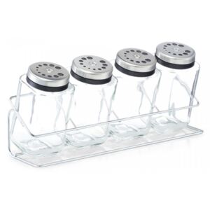 Set 4 recipiente transparente/gri cu suport din sticla si metal 190 ml Spice Rack Zeller