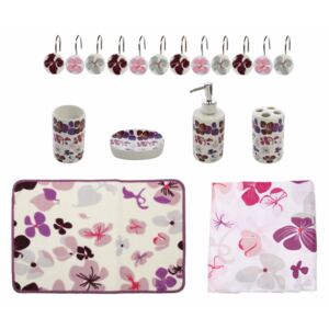 Set accesorii pentru baie, model floral mov, 18 piese