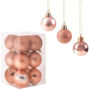 Set globuri Craciun, pentru brad, din plastic, 6cm, 12 buc, roz/auriu