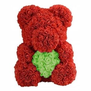 Ursulet floral BIG cu inimioara verde, decorat manual cu trandafiri de spuma, inaltime 40 cm