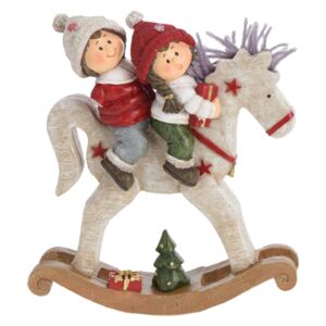 Decorațiune Crăciun Fetiță și băiat pe căluț balansoar, 22 cm 2