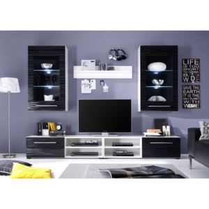 Living modern mdf SAHARA B, alb/negru, fronturi din MDF lucios, iluminare LED inclusa, contine: 2 vitrine suspendate, comoda TV si polita, 240x190x42 cm