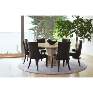 Set masa din marmura + 6 scaune tapitate cu piele ecologica, cu picioare din lemn de salcam "Marcello" Brown / Cream, Ø150xH75 cm