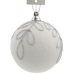 Glob Crăciun Lafiora Ø 8 cm alb cu model frunze argintii