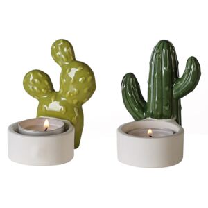 Set 2 suporturi de lumanare Little Cactus, ceramica, verde deschis verde inchis, 9,5 x7x7 cm