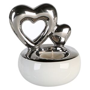 Suport lumanare Hearts, ceramica, alb argintiu, 12x10 cm