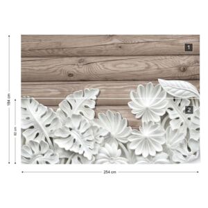 Fototapet GLIX - Vintage Chic 3D Carved White Flowers Wood Plank Tapet nețesute - 254x184 cm